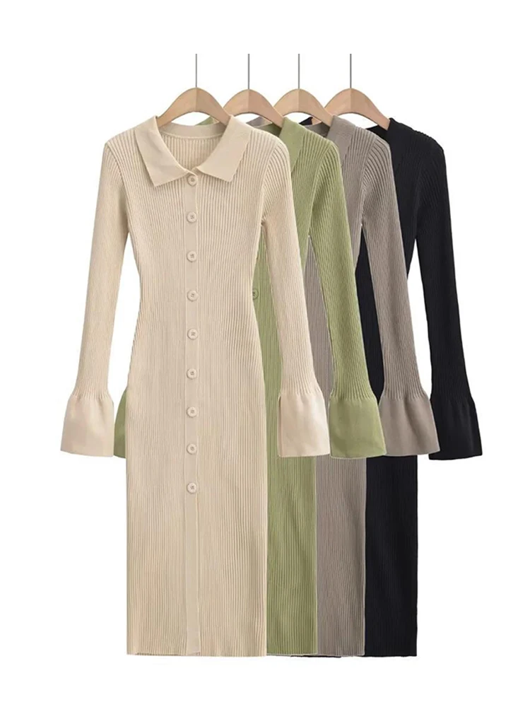 

Women Flare Sleeve Knitted Dress Autumn Winter Single Breasted Stretchable Slim Dresses