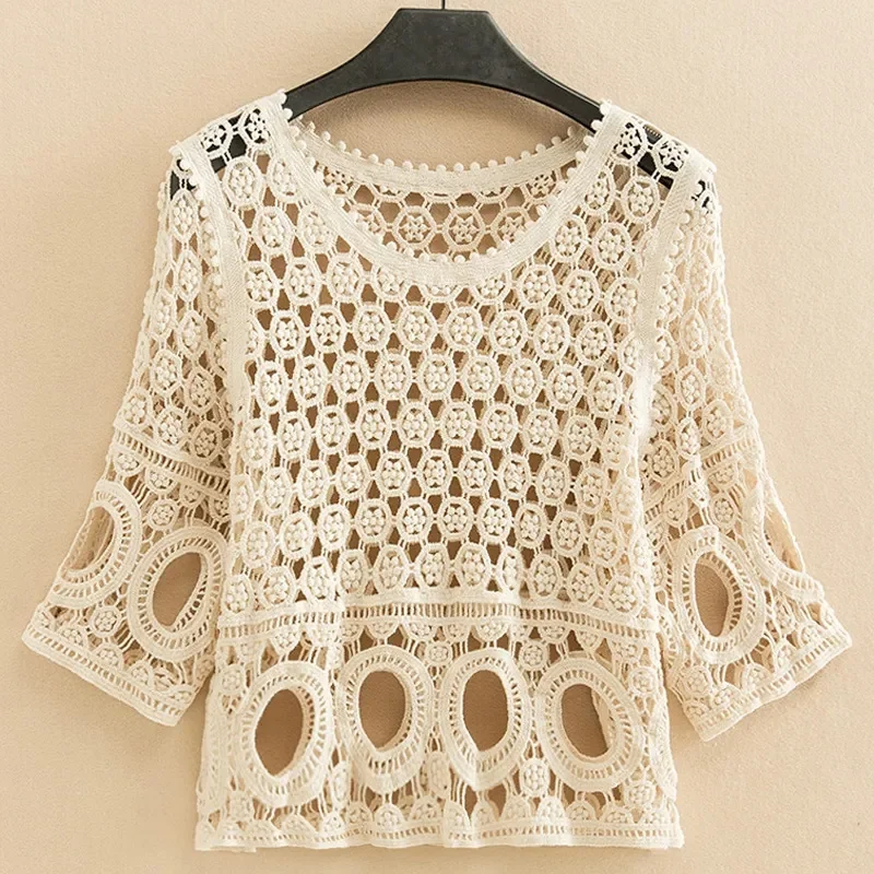 

2022 New Sweater Skirt with Knit Sweater Women's Summer Loose Hollow Hook Flower Thin Short Tops Casual Female Jumper Sweater