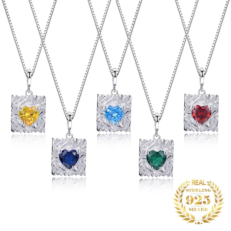 

Fashion Jewelry Women Necklace White Gold Plated DIY Heart Birthstone Zircon Square Pendants Necklace 925 Silver For Women