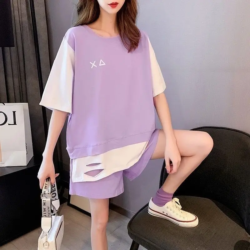 

Женский Повседневный Спортивный костюм, Новинка лета 2022, футболка, свободный кроп-топ и шорты для студентов, комплект из двух предметов для женщин