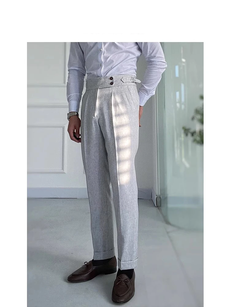 Italian Neapolitan Cotton Linen Men's High Waist Pants Paris Button Design Classic Briti Retro Suit Pants Straight Leg Casu...