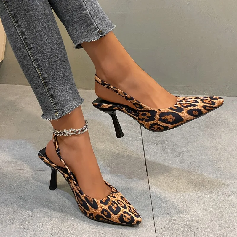 Pointed Leopard Slingbacks Women Shoes Spring Summer High Heels Temperament French Short Heels Single Shoes Fashion Sexy Sandals