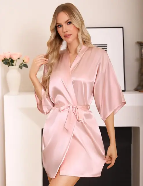 Robe de chambre courte et douce pour femme, en soie, couleur unie, pour mariée, demoiselle d'honneur, tenue de matin, pour fête de mariage, été