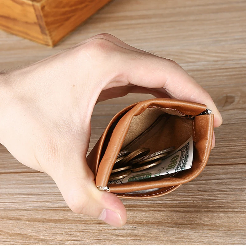 Genuine Leather Coin Purse For Men Women Cowhide RFID Short Slim Squeeze Opening Change Card Holder Pouch Money Key Storage Bag