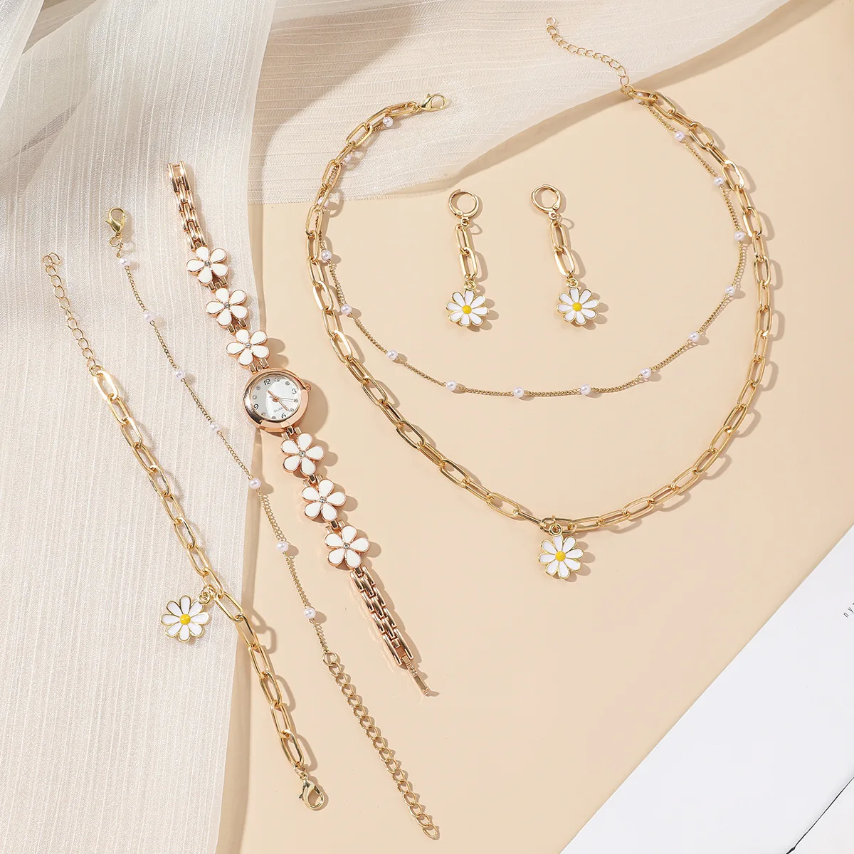 Women Quartz Watch Set Crystal Bracelet Watch Female Jewelry Set 5 Pcs Bracelet Necklace Earring Watches Lady's Wife Mom Gifts