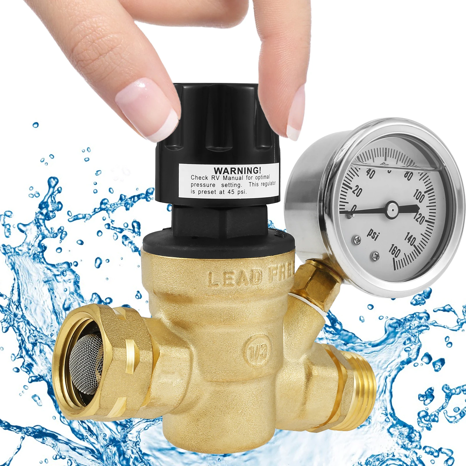 

RV Water Pressure Regulator Professional Pressure Reducing Valve with Adjustable Handle and Gauge Lead-Free Brass Garden Hose