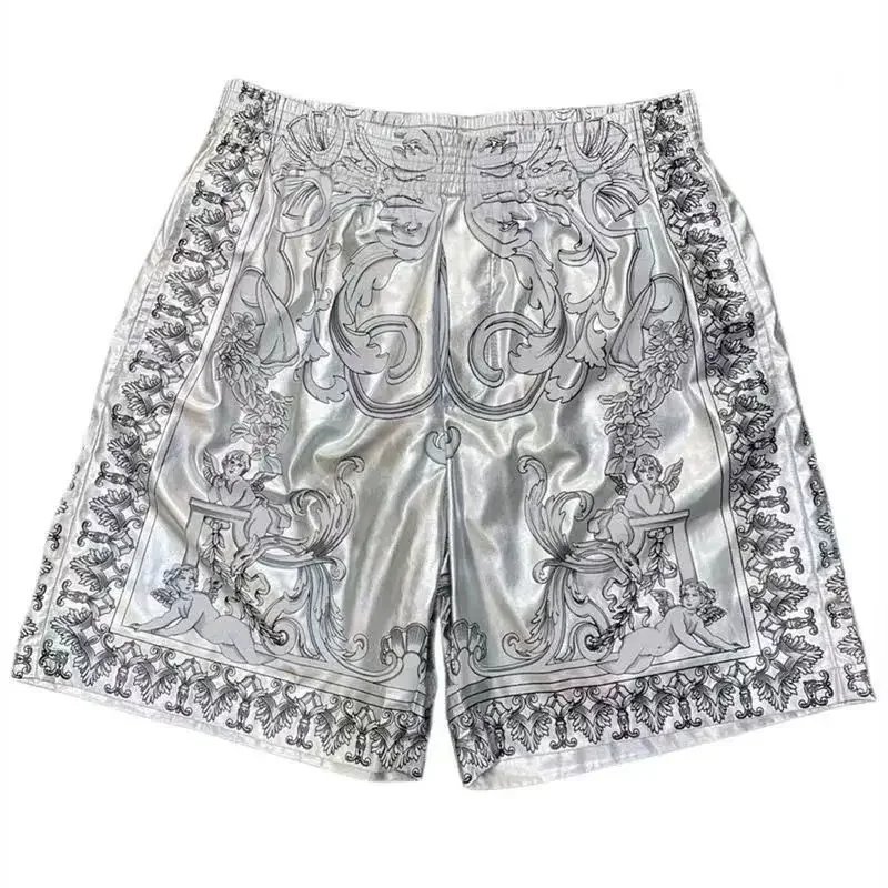 Summer New Style Men's Beach Pants, Metal Silver Fashion Pattern Printing, Elastic Casual Shorts Quick-dry Straight Pants