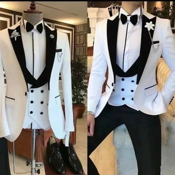 Slim Fit white Men Suits 3 Piece Groom Tuxedos for Wedding Groomsmen Italian Style Suit Jacket with Double Breasted Vest Pants 1
