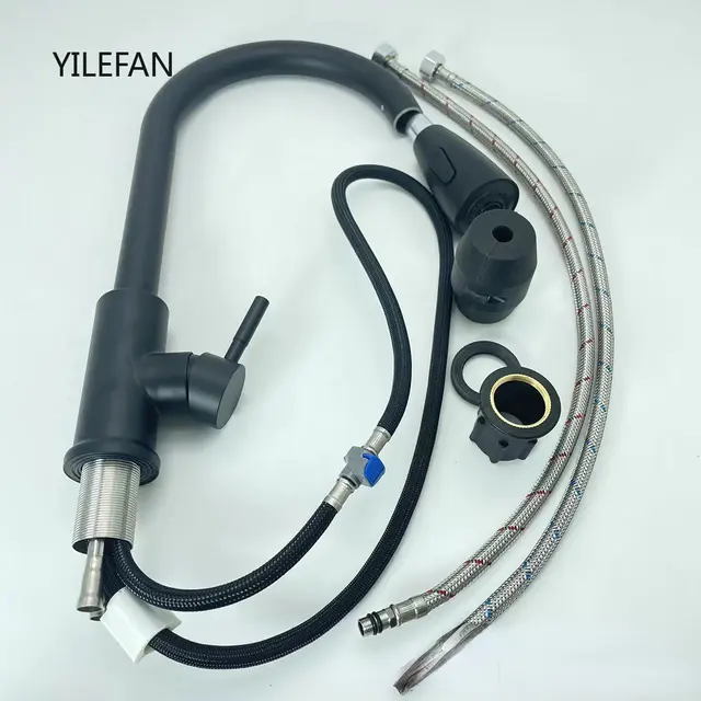 304 ก๊อกน้ําห้องครัวสแตนเลสแบบดึงลงเครื่องพ่นสารเคมีสําหรับอ่างล้างจานพร้อมท่อขยายได้ก๊อกน้ําอ่างล้างจานทนต่อการขีดข่วน 2