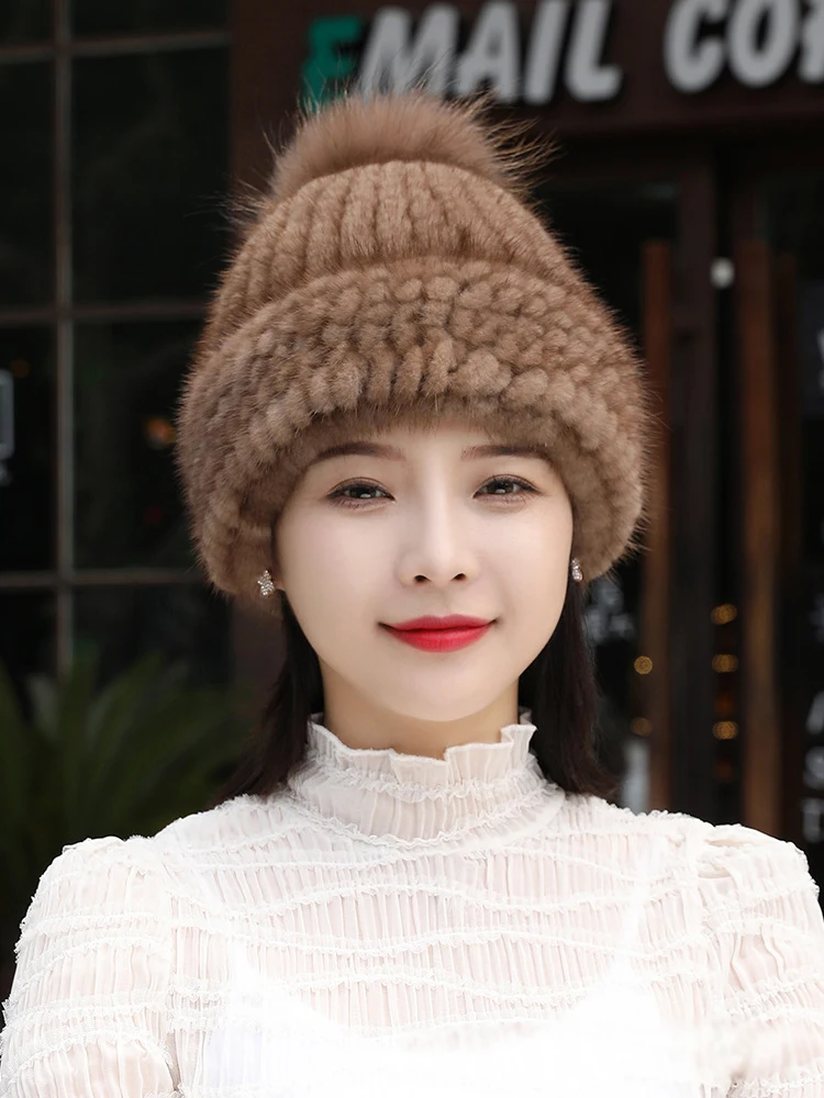 

100% Real Mink Fur Hat Thicken Warm Peaked Cap Russian Winter Fur Hat Women's Beanie Caps Ladies 2023 New Hats