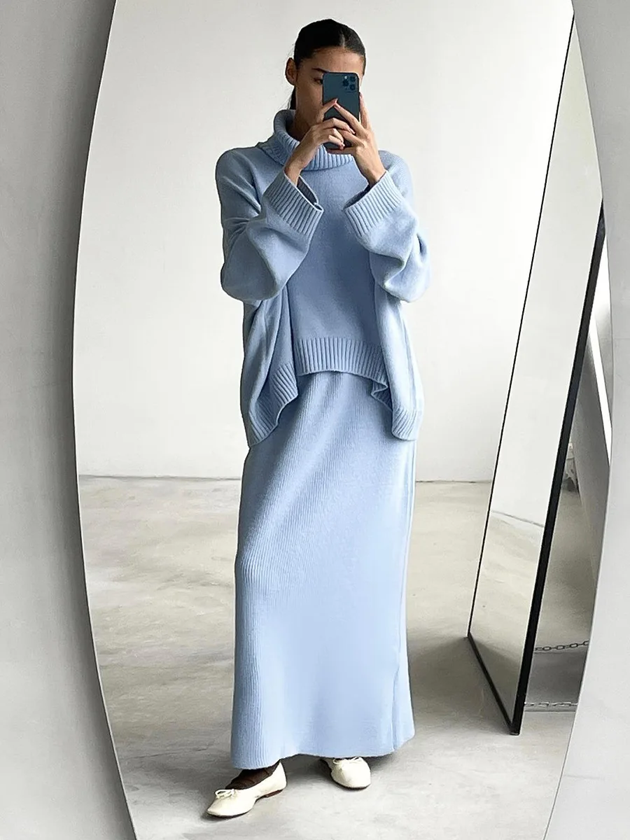 Bornladies Women's Knitted Turtleneck Sweater Skirt Set  Autumn Winter Loose Solid Color 2- Piece Knit Outfit Casual Warm Suit