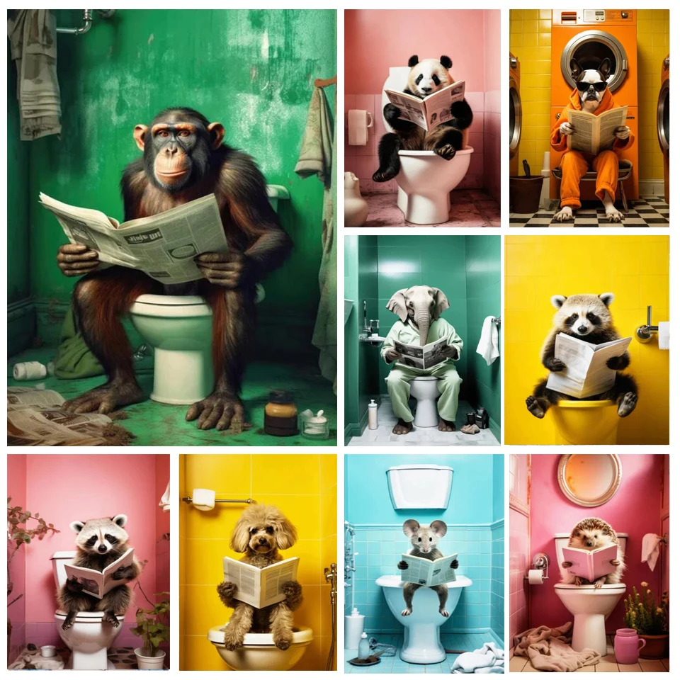 Colorful Animal Monkey Panda Reading Newspaper On Toilet Diamond Painting Art Full Rhinestone Cross Stitch DIY Embroidery Y1301