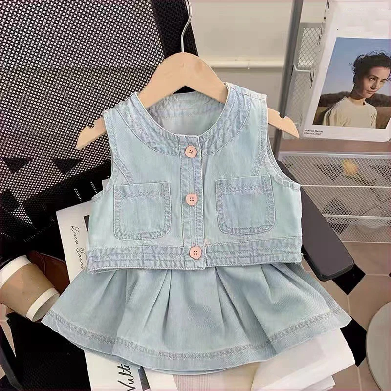 

Kids Girls Summer Fashion Denim Skit Sets One Breasted Sleeveless Denim Vest Coat+High Waist A-Line Pleated Skirt 2pcs Child Set