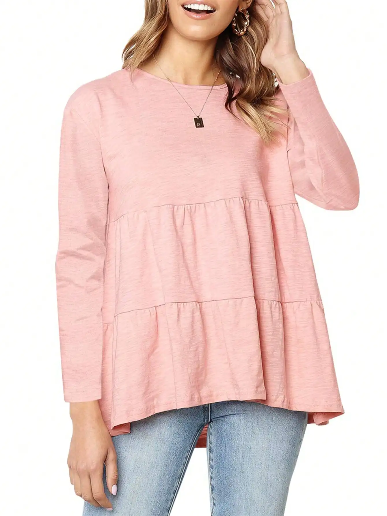 Women Artsy Spring Pure Color O-Neck Cotton Blouse main image 0