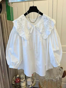 Women's Casual Loose Doll Collar Blouse, Elegant Lace Trim Peter Pan Collar Shirt, Sweet Daily Top for Spring Summer 1