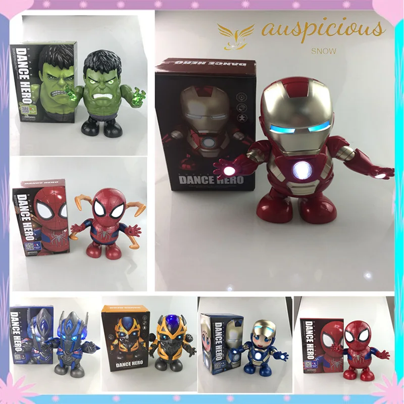 

19cm New Marvel Iron Man Dance Action Anime Figures Sing Sound Led Spiderman Avengers Ironman Super Heros Robot Baby Kids Gift