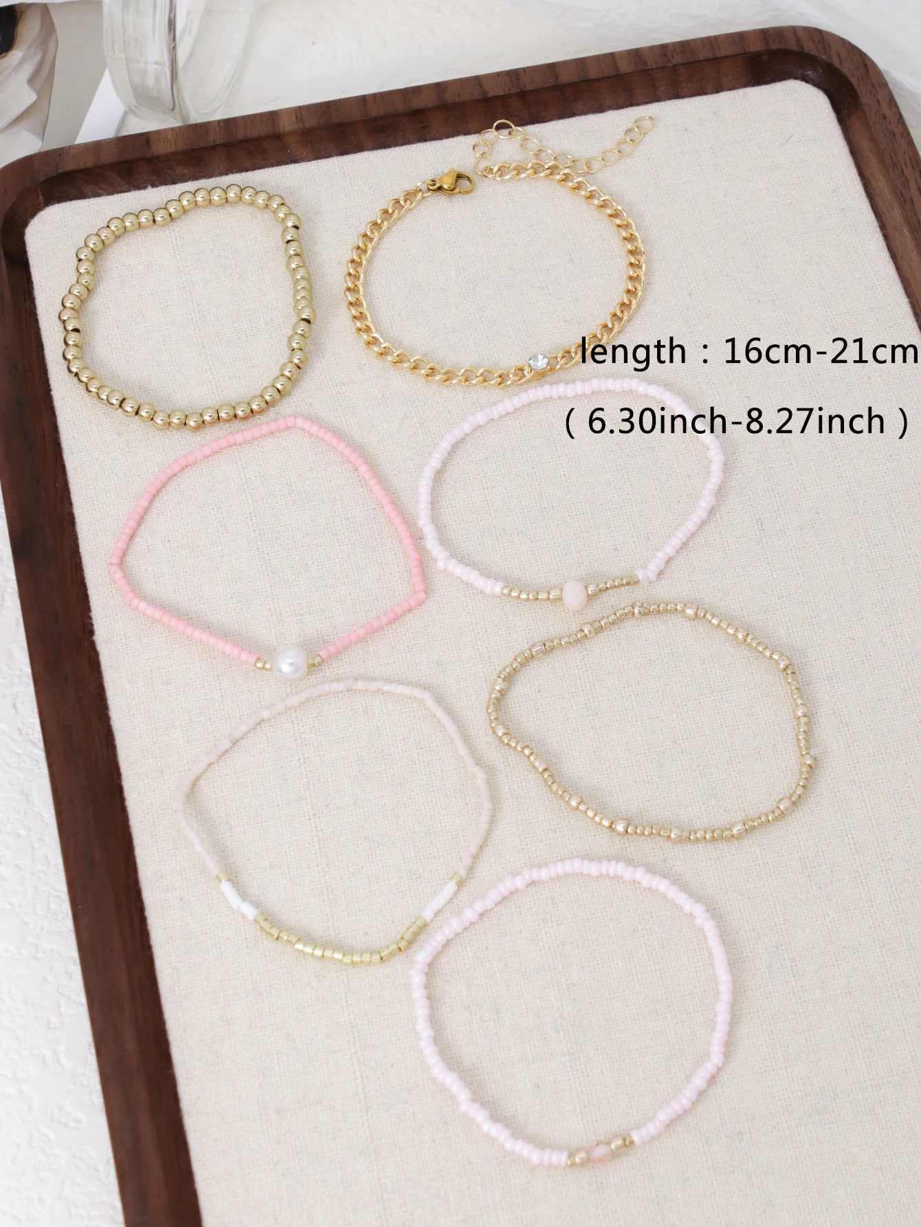 7PCS Pink Bead Chain Bracelet Set for Women