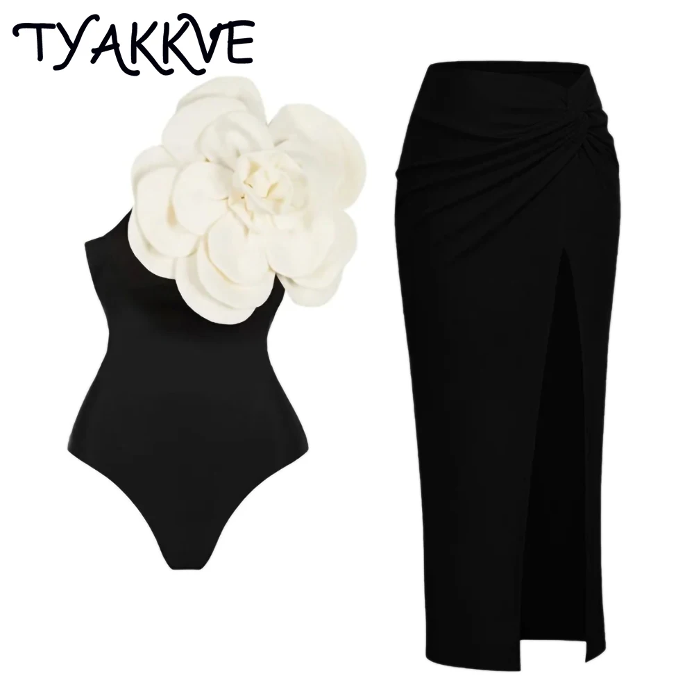 

TYAKKVE 2023 Bikini Set Print Cover Up Swimsuit Women Push Up 3-Pieces Swimwear Tassel 3D Flower Beach Wear Bathing Suit Dress