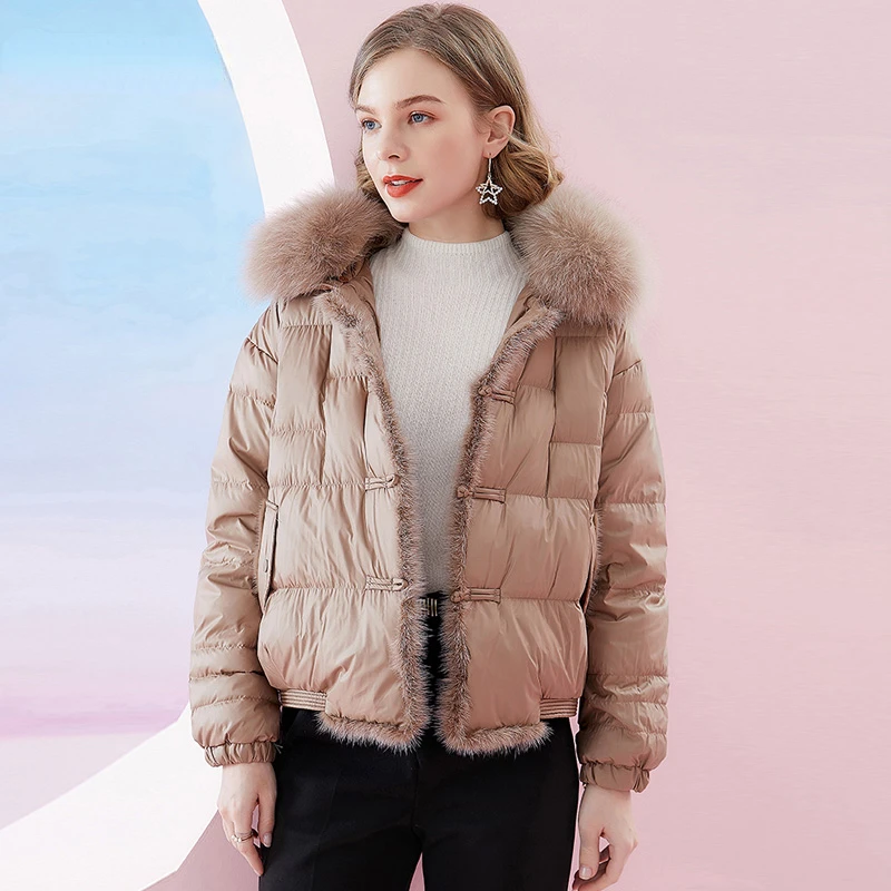 2023 New Winter Women Real Fox Fur Collar 90% White Duck Down Coat Female Short Warm Button Parkas Casual Puffer Jacket Coats