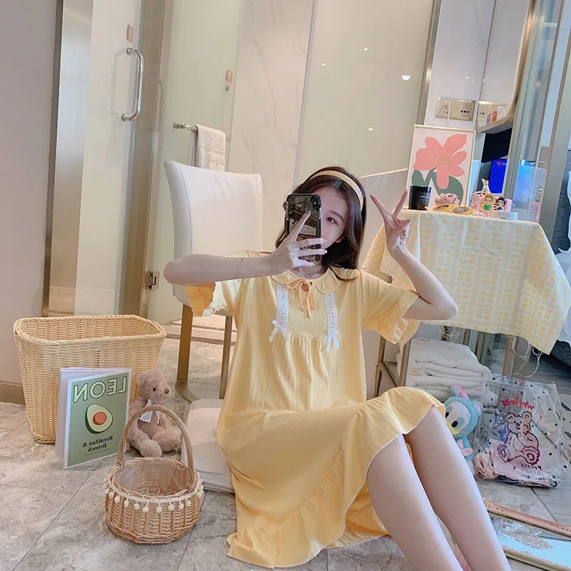 Sanderala Cotton Women Cute Nightdress Ruffle Sleepwear Plue Size Ladies Lingerie Nightdress Soft Thin Female Underwear Night