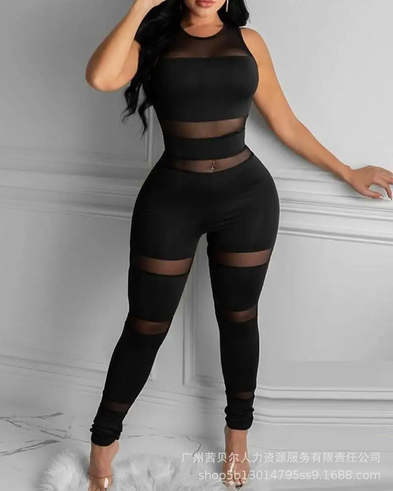 

New 2023 New Black Mesh Spliced Jumpsuit