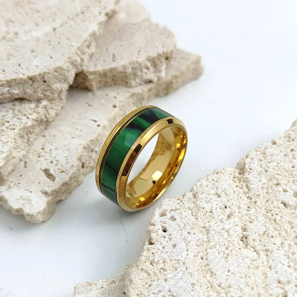 Stylish and charming stainless steel gold-plated men's ring, simple green enamel women's ring, wedding party jewelry 2