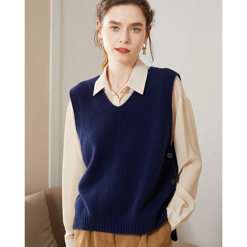 

24 Autumn and Winter 100% Pure Cashmere Waistcoat Female Sleeveless Sweater With Vest Loose Wool Vest V-neck Knitwear Female