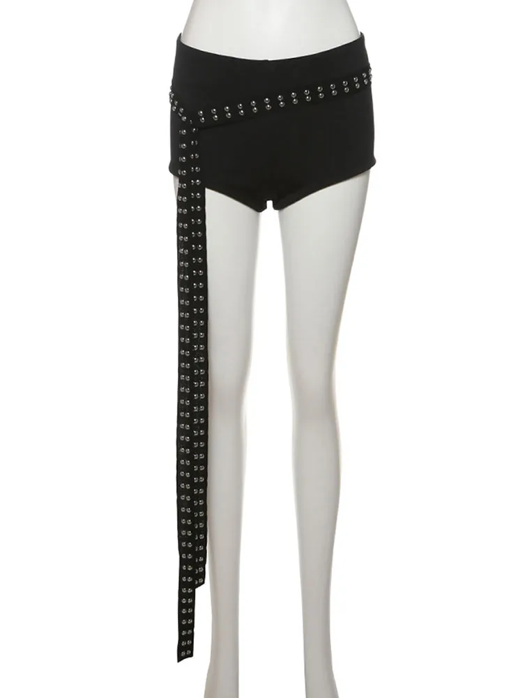 Nibber Sexy Hollow 3-Piece Set Women Hollow Biased Collar Backless Vests+Rivet Waistband+Simple Solid Shorts Slim Midnight Suits