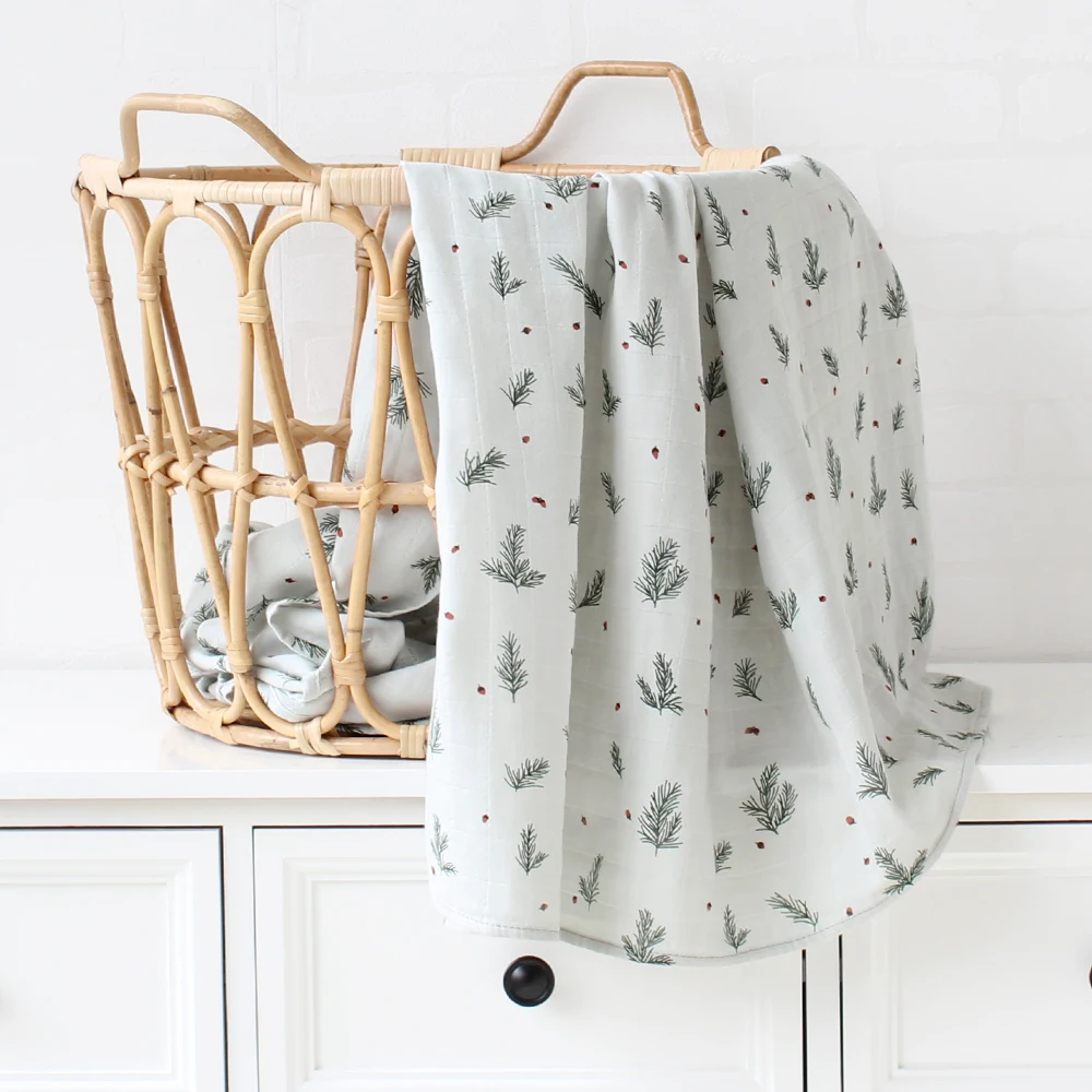 100% Organic Cotton Baby Muslin Swaddle Blanket Lavender Floral Leaves Printed Soft Newborn Wrap 6