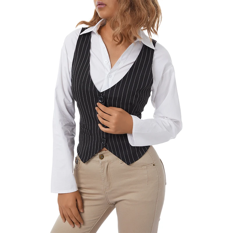

Female Waistcoat Solid Color/ Striped V-Neck Sleeveless Tops Blouse Vest for Summer
