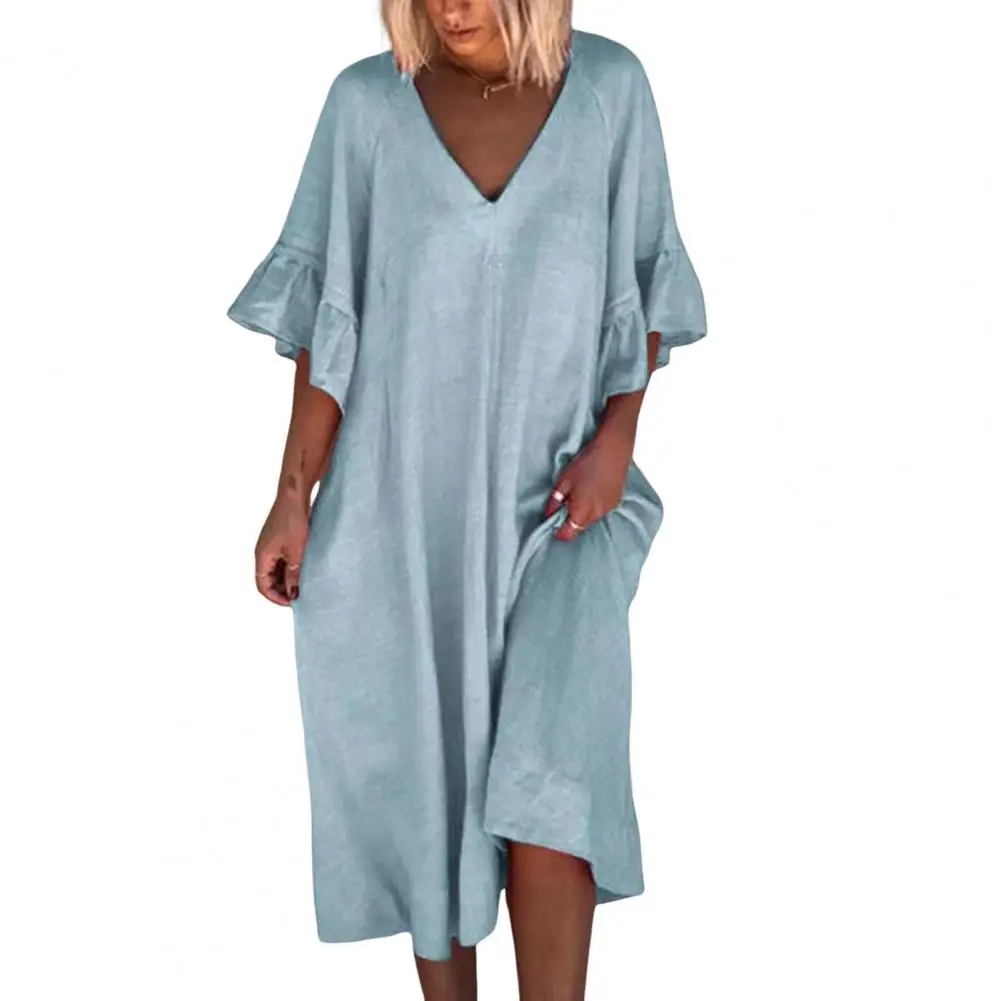 

Relaxed Fit Dress Women Loose Fit Dress Stylish Summer Women's V Neck Ruffle Patchwork Midi Dress Loose A-line for Casual
