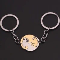 Cute Hug Cat Keychain Creative Patchwork Heart Round Keyring Couple Lovers Key Chains Bag Pendant Car Keyholder Accessories Gift 6