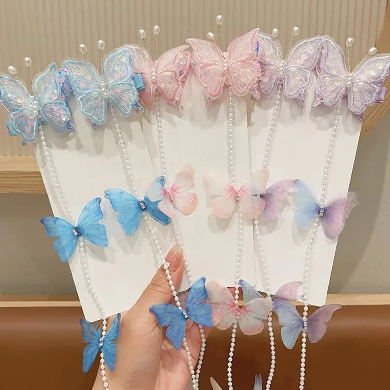 2개/세트 달콤한 요정 진주 나비 머리핀 공주 소녀 태슬 땋은 머리 체인 헤어핀 어린이 헤어 액세서리