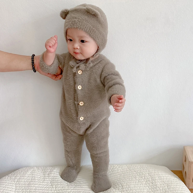 Tuta Da Neve Invernale Per Bambini 6-9 Mesi - Pagliaccetto Con Cappuccio E Piedini, Motivo Orso, Marrone