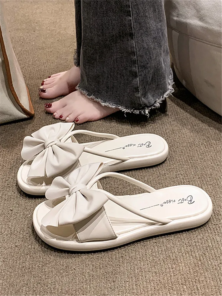 

Beach Shoes Rubber Slippers Butterfly-Knot Slides Low Fashion Sabot Flat Luxury Soft Butterfly-knot PU Flat Shoes Female Slipper