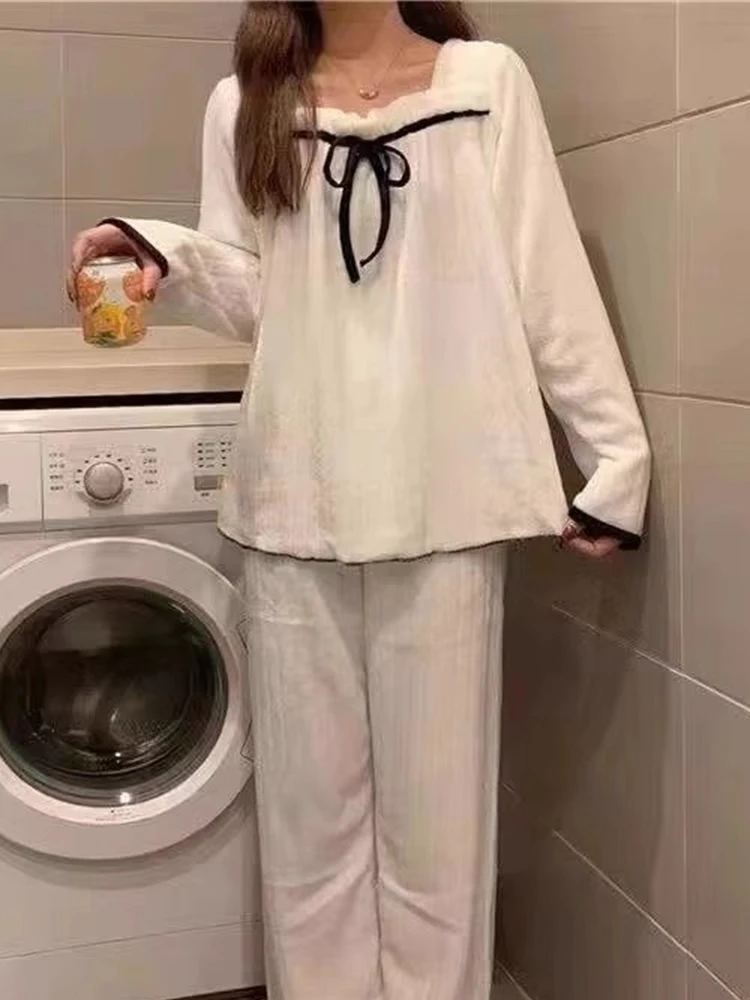 Women's Winter Spwear Flannel Long Sve Set Bow Knot Home Clothes Loose Fit