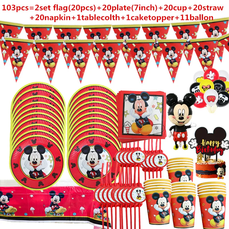 1Set Red Mickey Mouse Theme Disposable Paper Cups Plates Flexible Straws Baby Shower Kid Birthday Napkin Decoration Supplies 