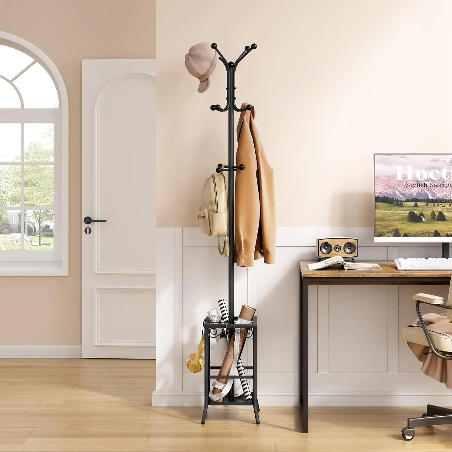 Coat Rack Freestanding, Entryway Hanger Stand, Umbrella Holder, Floor Standing Metal Tree Stand