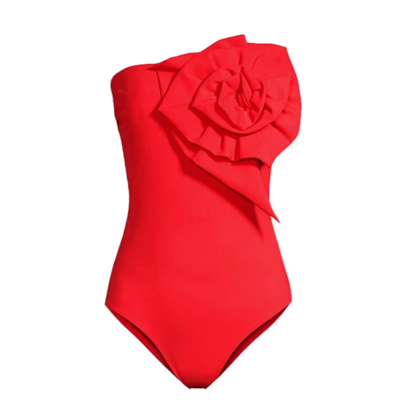 Sexy Women Swimwear 2023 Red Color Shoulder 3D Flower Bikinis One-Piece Swimsuit High Waist Fashion Irregular Skirt Bathing Suit