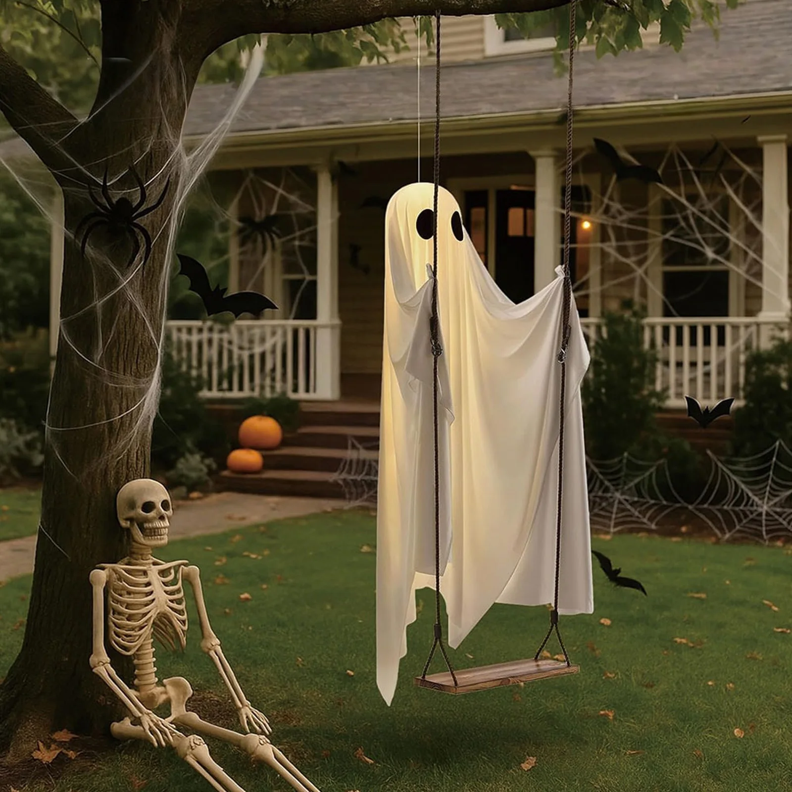 Halloween Hanging Swing Ghost Decor LED Adjustable Ghost Decorations Battery Powered Spooky Ghost Ornament for Porch Yard Trees