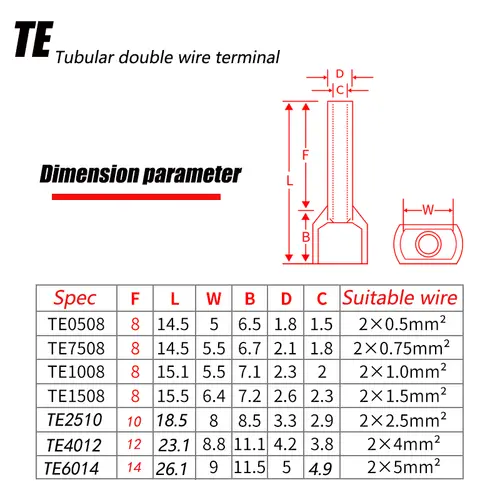 130/380/600 PCS TE Double Wire Tube Type Pre-Insulated Terminal European Pin Type Cold Pressed Terminal Pin Type Copper Tube End - Image 5