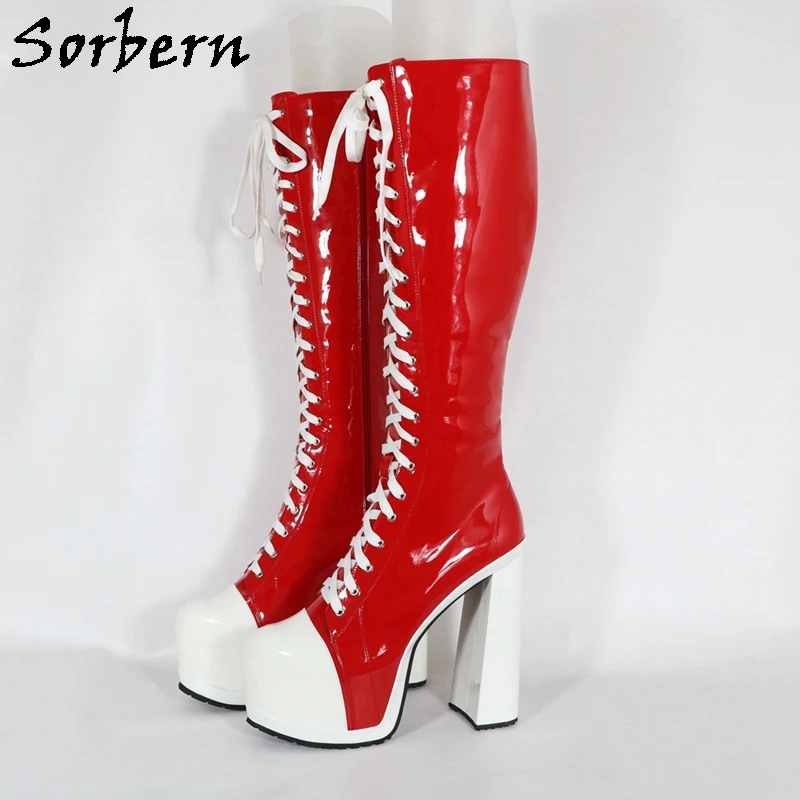 

Sorbern Red Knee High Boots Fetish Block High Heels Sneaker Lace Up Shoes Chunky High Heel 18Cm Platform Made-to-order Plus Size