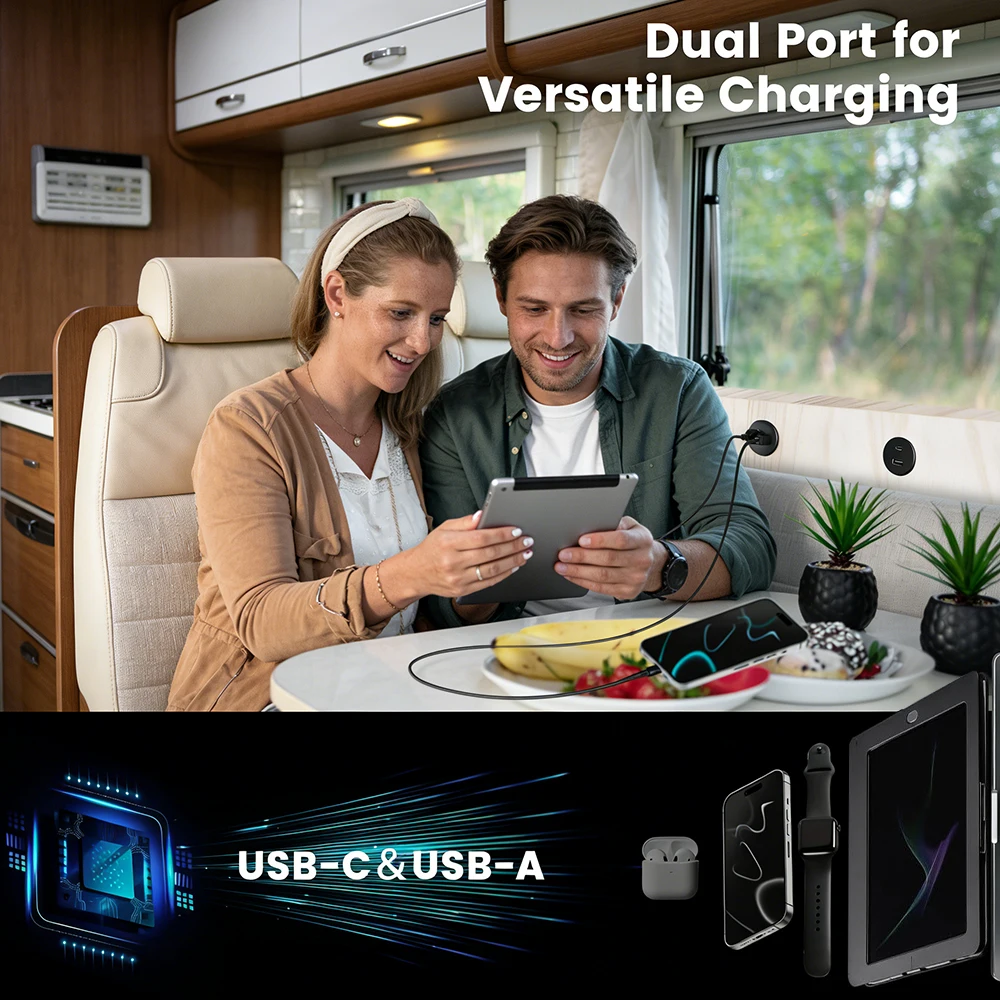 Dual Port 12V USB Outlet with Type-C and USB-A Charging