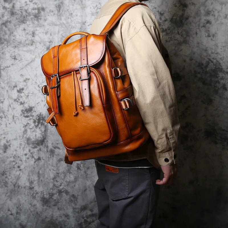 NZP Retro Leather Men's Backpack European and American Fashion Travel Bag Top Layer Cowhide Casual School Bag Laptop Bag 4