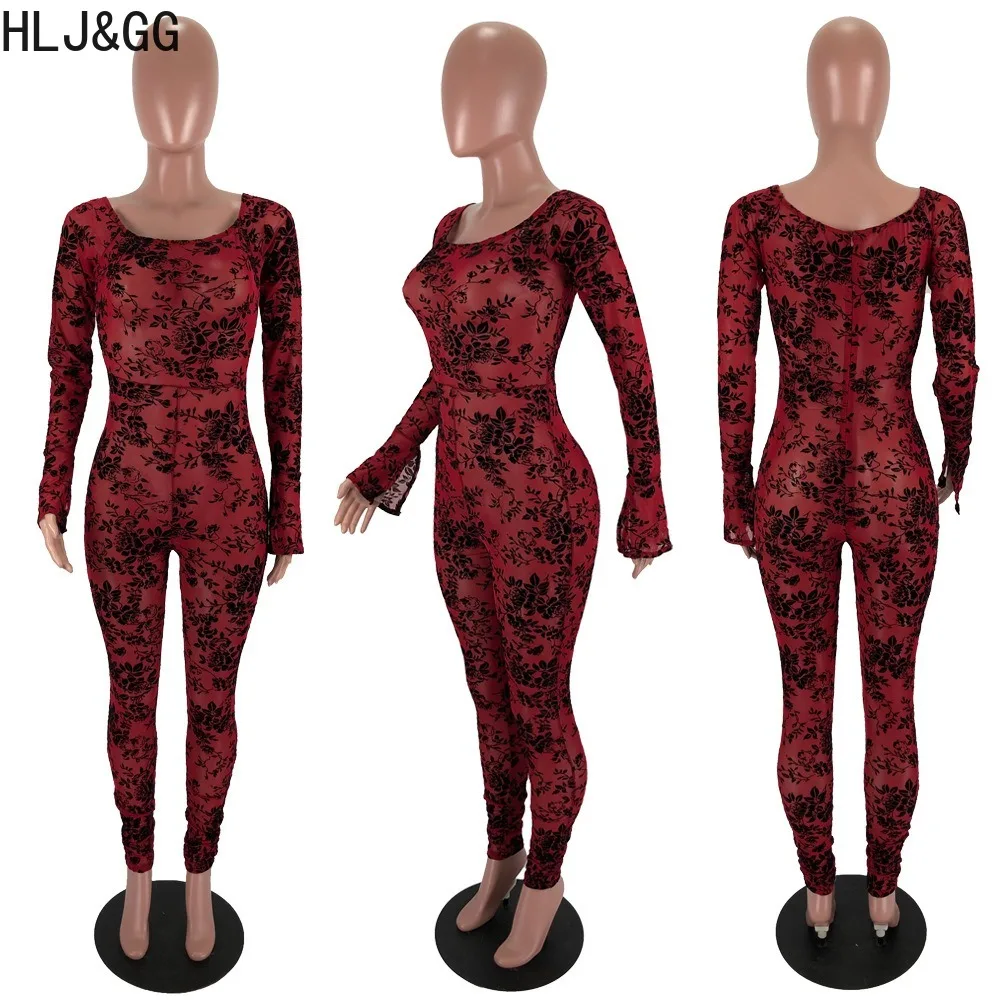 HLJ&GG Sexy Off Shoulder Print Velvet Jumpsuits Women Long Sleeve Bodycon Playsuits Female Party Nightclub One Piece Overalls