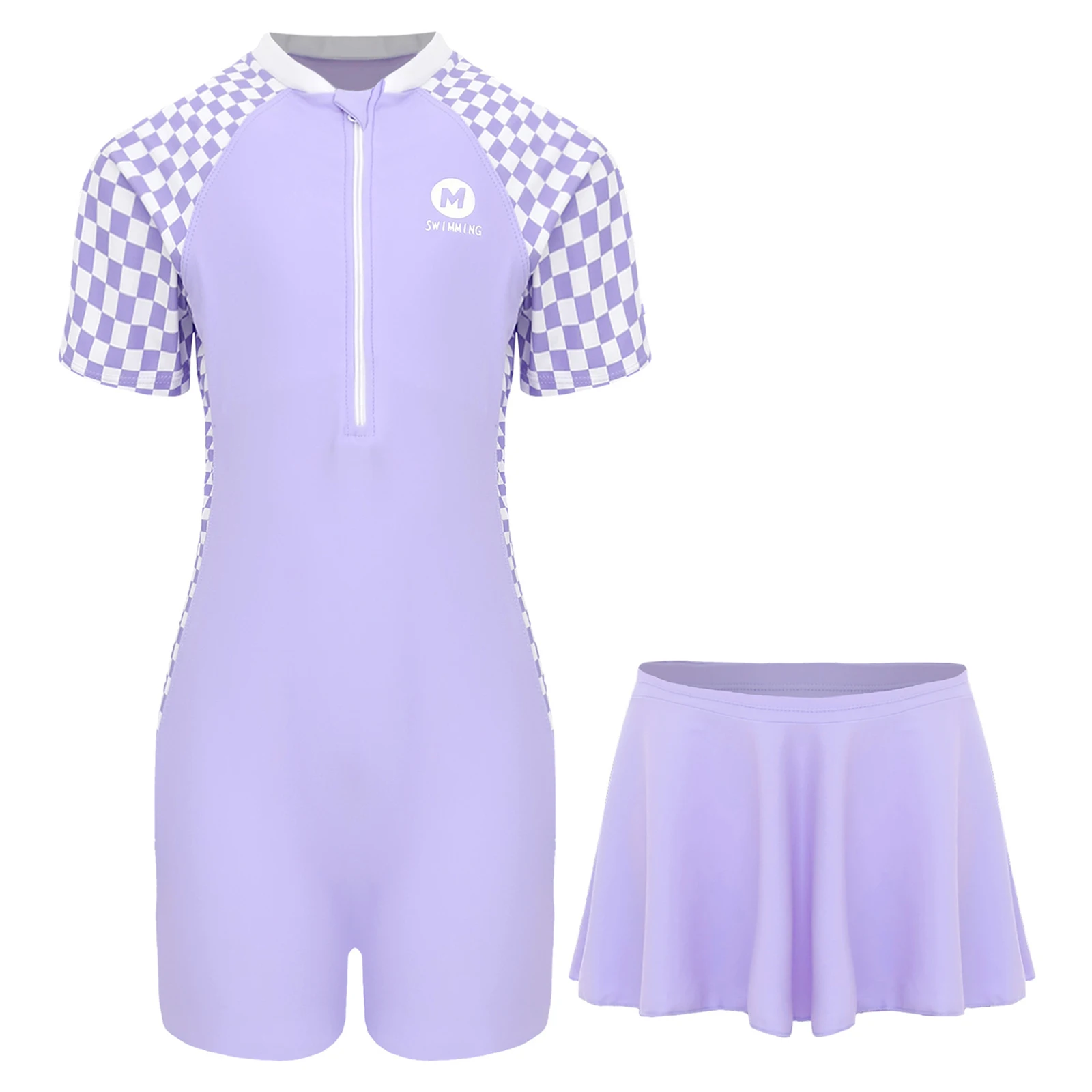 

2Pcs Girl Swimsuit One Piece Short Sleeve Boy-cut Bodysuit Swimwear with Swim Skirt Set UPF 50+ Rashguard Swimming Bathing Suit