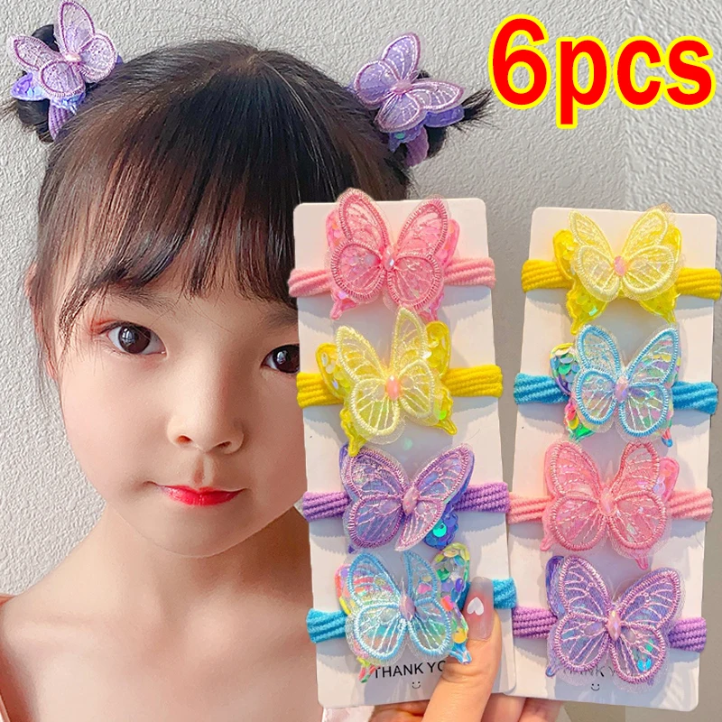 2/6pcs Cute Sequin Butterfly Hair Bands Rope Girls Kids Elastic Ponytail Holders Hair Ring Ties Children Sweet Baby Headwear