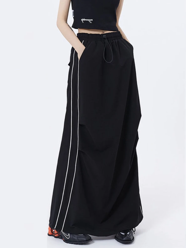 HOUZHOU-Maxi-Cargo-Skirt-Women-Black-Casual-Side-Striped-High-Waist ...