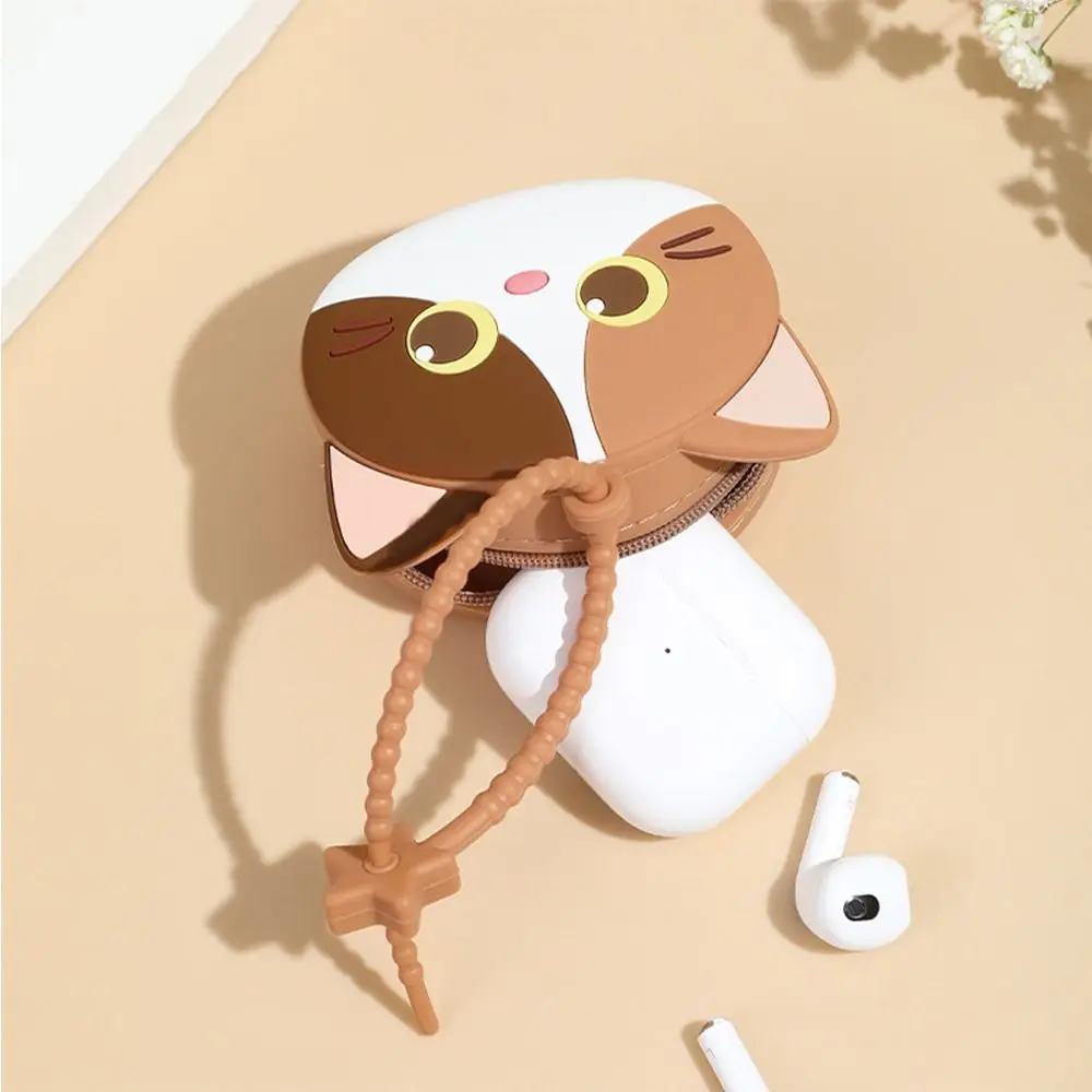 Cute Cartoon Cat Silicone Coin Purse with Keyring Portable Data Cable Earphone Storage Bag Organizer for Women