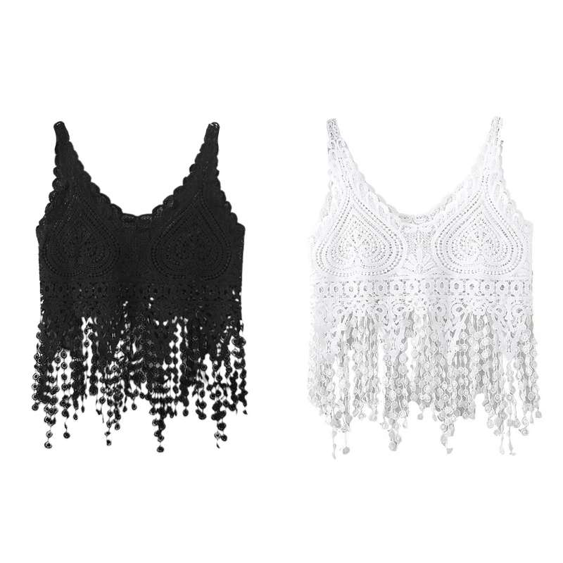 

Women Hollow Crochet Crop for Tank Top Knit Lace Long Tassel Sheer Beach Cami Ve